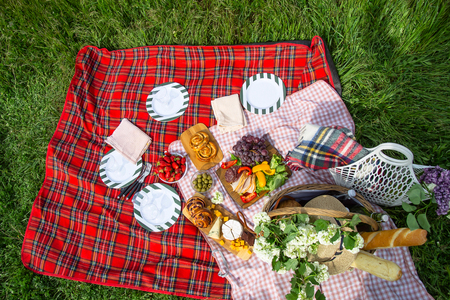 Beautiful picnic on nature and green grass with a red checkered bedspread and a beautiful basket of food and flowersの写真素材