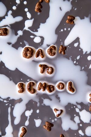 Chocolate cornflakes in the shape of letters of the English alphabet for a quick breakfast with milk from which the phrase is laid out back to school. Concept 1 Septemberの写真素材