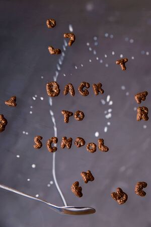 Chocolate cornflakes in the shape of letters of the English alphabet for a quick breakfast with milk from which the phrase is laid out back to school. Concept 1 Septemberの写真素材