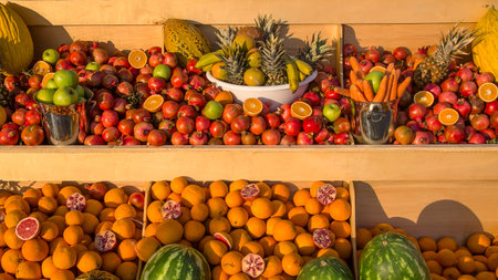 Tropical fruits for making freshly squeezed juice right at the counter. Exotic market with oranges,...