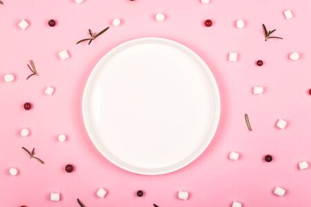 Empty plate among winter products for desserts and decorations are marshmallows, cranberries and little rosemary twigs on a bright pink background. op view, flat lay.の写真素材