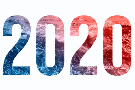 Blue and coral sea waves as texture for digits 2020 symbol of the year.