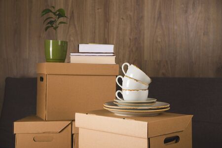 Cups with plates, plants and books are on craft boxes with things to move to another apartment. Relocation concept.の写真素材