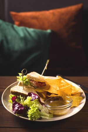 Variety of classic traditional american tasty junk unhealthy food on wooden background with copy space. Sandwiches and Chips.の写真素材