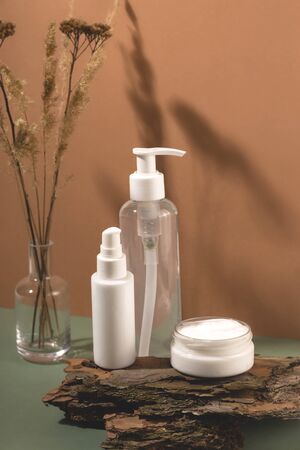 Natural personal care products with bark and dried flowers.の写真素材