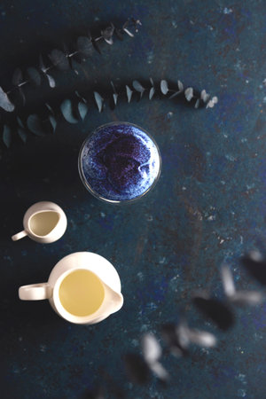 Dalgona matcha at home beautiful drink serving in a coffee house.