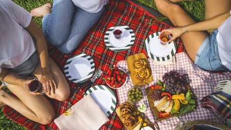 Three girls have picnic with chopped meat and cheese, fruits, grapes, strawberries and buns with glasses of wine on a red checkered.picnic sheetの写真素材
