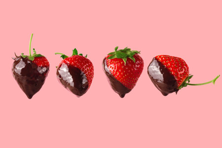 Four different strawberries in chocolate on a pink background.
