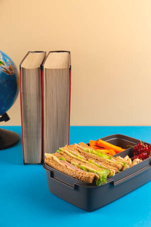 Healthy school lunch in a container - sandwiches, carrots, nuts and berries next to an apple and a bottle of juice. Copy space.の写真素材