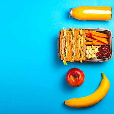 Healthy school lunch in a convenient container on a bright blue background.の写真素材