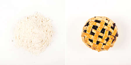Collage of two photos - recipe for cherry mini cakeの写真素材