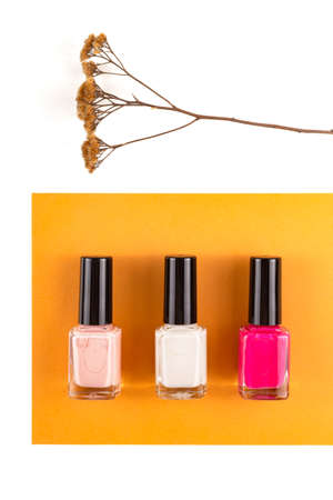 Three different vegan nail polishes on natural background with dry flowerの写真素材