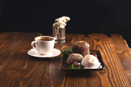 Nicely served chocolate fondant with ice cream. Food stylingの写真素材