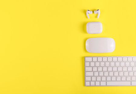 Illuminating yellow color of the year workplace backgroundの写真素材