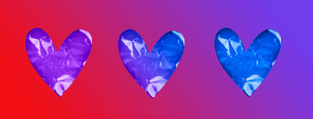 Hearts with halographic texture in neon gradientの写真素材