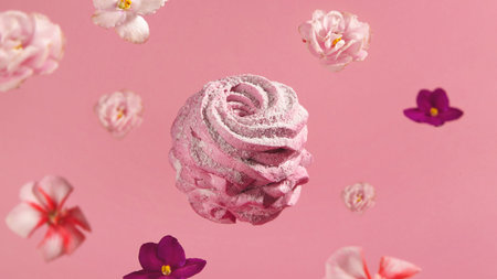 Berry homemade pink marshmallow light spring dessert with flowers