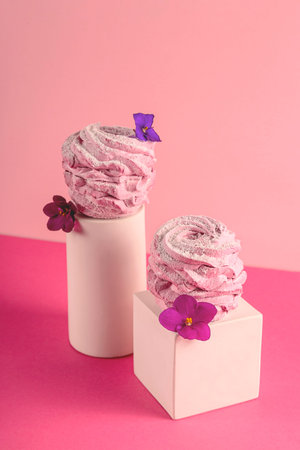 Berry homemade pink marshmallow light spring dessert with flowers