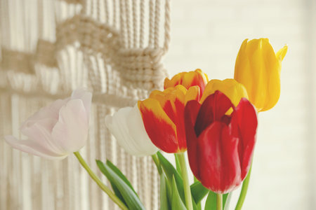 Beautiful spring multicolored tulips in a light interior next to macrameの写真素材