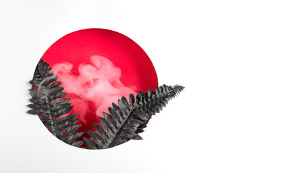A red round hole from which black fern leaves with white smoke grow. Creative modern floral and...