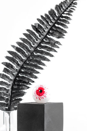 Red eye on a black cube against white background. Elegant Halloween decor with black leaves. Autumn...