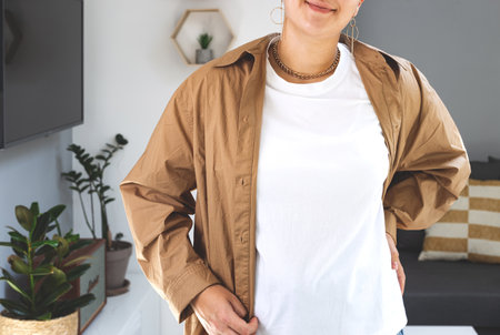 Woman wearing white T-shirt Mock up. Bella Canvas Mockup. Mothers day shirtの写真素材