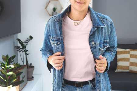 Woman wearing powdery color T-shirt Mock up. Bella Canvas Mockup. Mothers day shirtの写真素材
