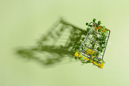 Shopping cart entwined with shoots of plants on green background. Conscious consumption