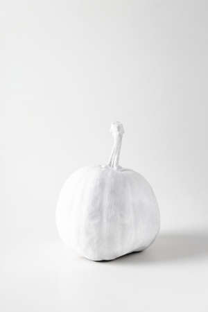 White decorative Halloween pumpkin on monochrome background. Background with copy space.の写真素材