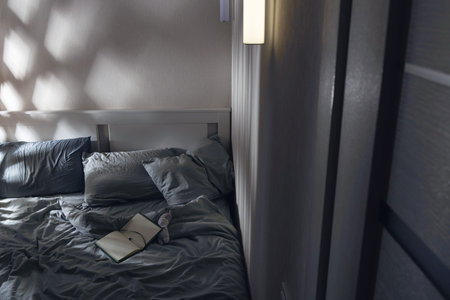 Open diary to write on the bed with blue textiles in the moonlight. Evening rituals for mental...
