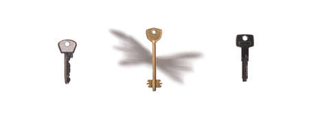 Three apartment keys on white background. One with shadow of wings. Flying Keys. Real estate concept.の写真素材