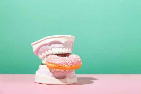 Plastic jaws hold sweet pink donut in teeth. Dental health, dentistry and caries concept.