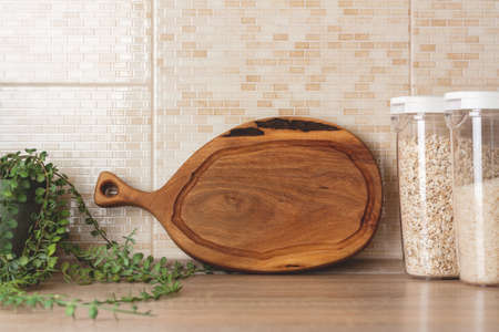 Chopping board mock up. Cutting board mockup in kitchen.の写真素材