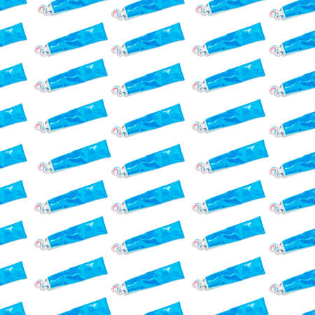 Lots of blue tubes of toothpaste with squeezed out white blue and red toothpaste on white background. Seamless patternの写真素材