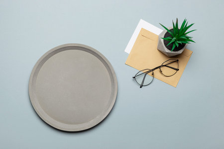 Business desktop mockup with copy space. Stylish contemporary work space. Top view layout.