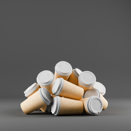 Pile of disposable coffee cups. plastic waste problem.の写真素材