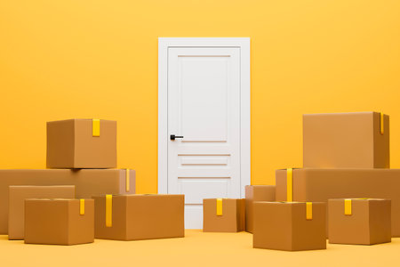 Delivery of parcels in boxes to door. 3d renderingの写真素材
