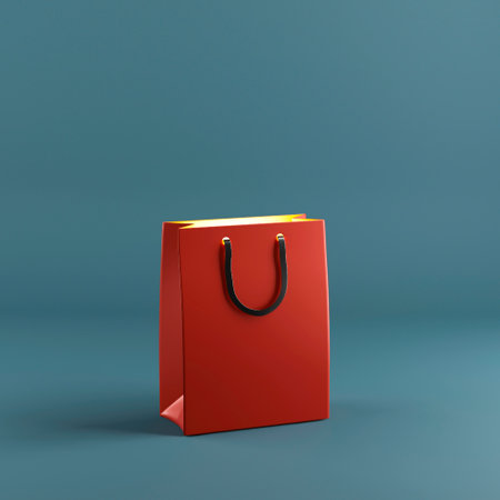 Red shopping bag shining inside on blue background. copyspace. 3d renderingの写真素材