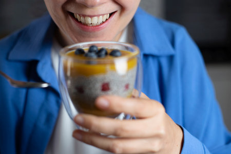 Diet healthy dessert of chia pudding and fruits. Eating healthy food concept.の写真素材