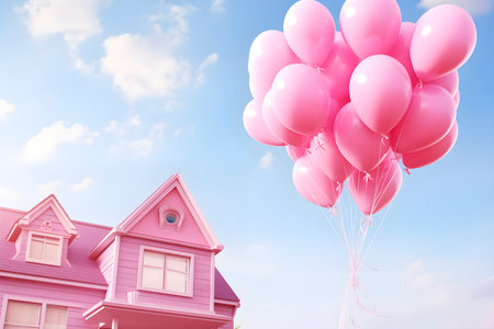 Valentines day. Pink balloons in the shape of heart near pink house. AI generatedの素材