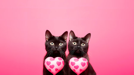 Valentines day. Couple of black kittens with heart-shaped balloons on pink background. AI generatedの素材