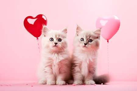 Couple of kittens with heart-shaped balloons on pink background. Valentine's Day concept. AI generatedの素材
