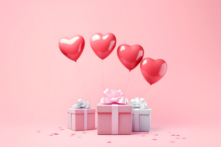 Valentines day. Gift boxes with balloons in shape of heart on pink background. AI generatedの素材