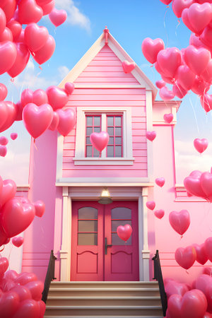 Valentines day. Pink balloons in the shape of heart near pink house. AI generatedの素材