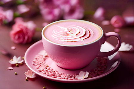 Pink beetroot cappuccino. Romantic drink for Valentine's Day. AI generatedの素材