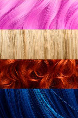 Texture of various blonde, black, red, pink hair close up collage. AI generatedの素材
