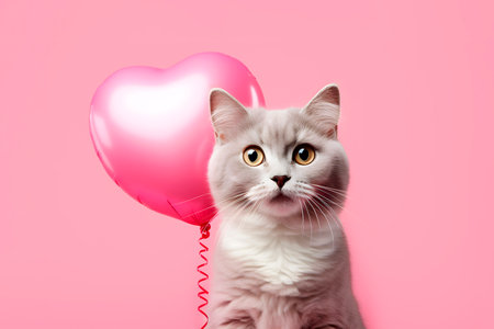 Valentine's Day concept. Kitten with red balloon on pink background. AI generatedの素材