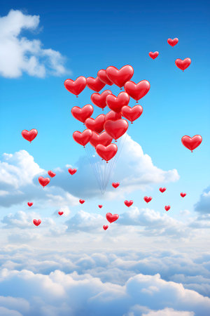 Valentines day. Red balloons in the shape of heart in blue sky. AI generatedの素材