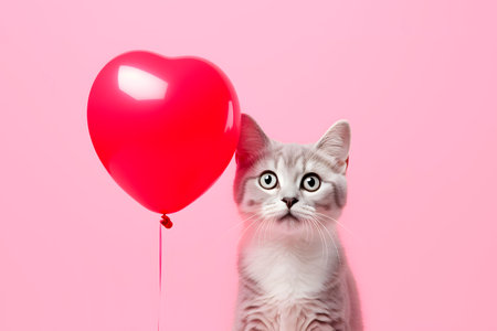 Valentine's Day concept. Kitten with red balloon on pink background. AI generatedの素材