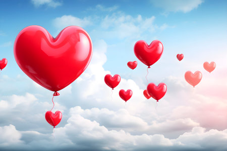 Valentines day. Red balloons in the shape of heart in blue sky. AI generatedの素材