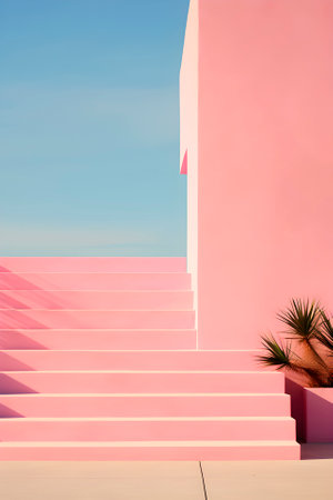 Pink minimalist stairs of high-tech building. AI generatedの素材